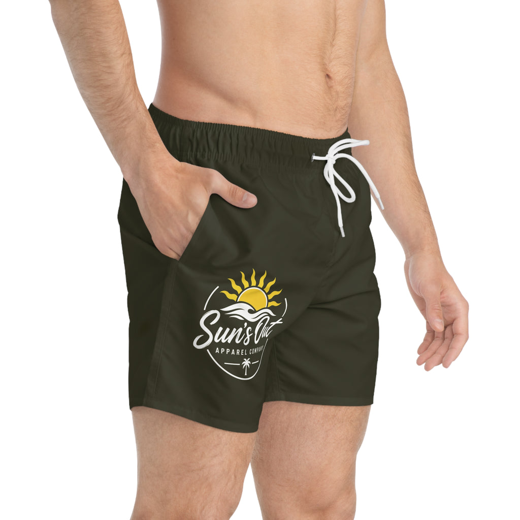 Swim Trunks — "Sun's Out" Tropical Beach Logo Quick-Dry Board Shorts