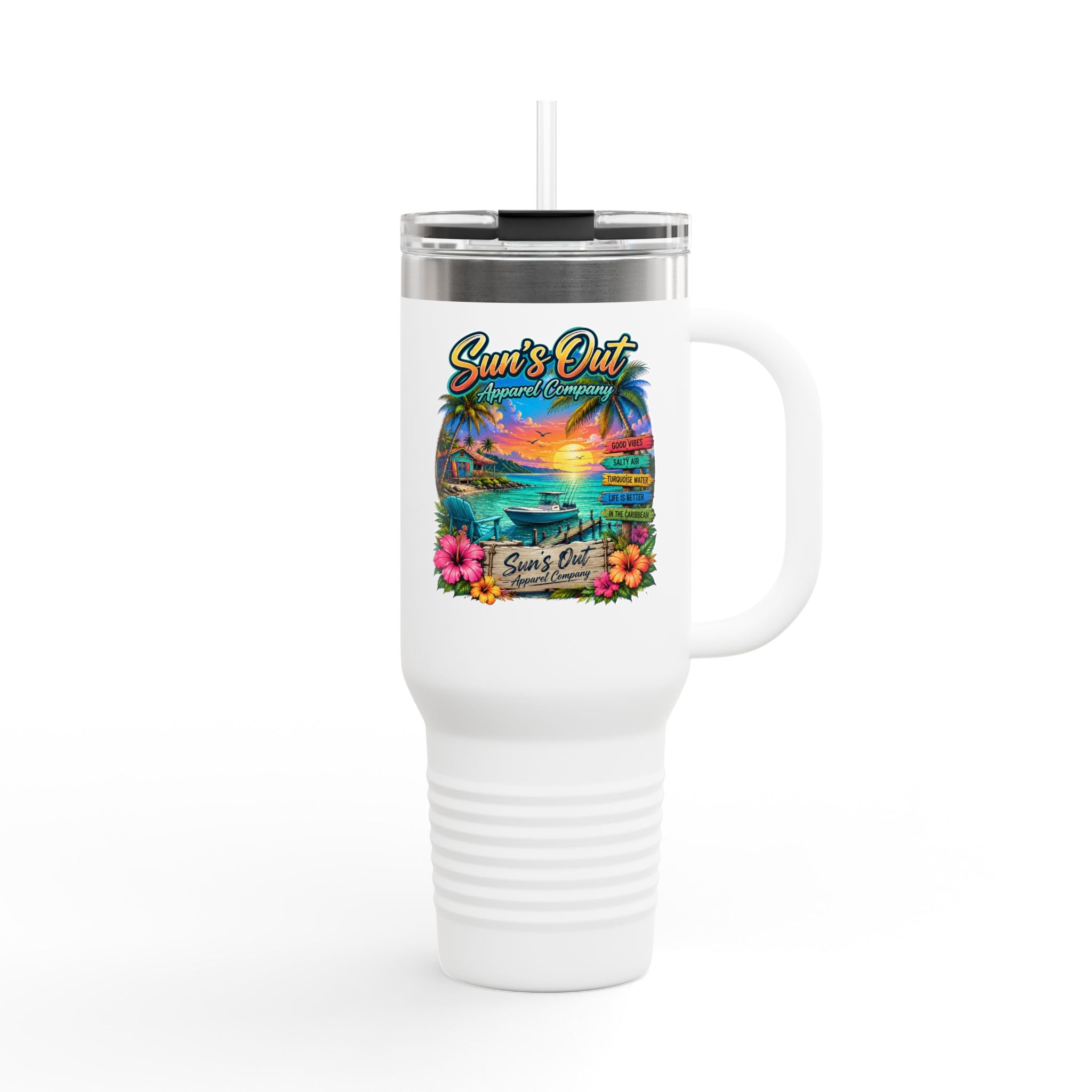40oz Insulated Travel Mug — 'Sun's Out' Tropical Beach Sunset Design