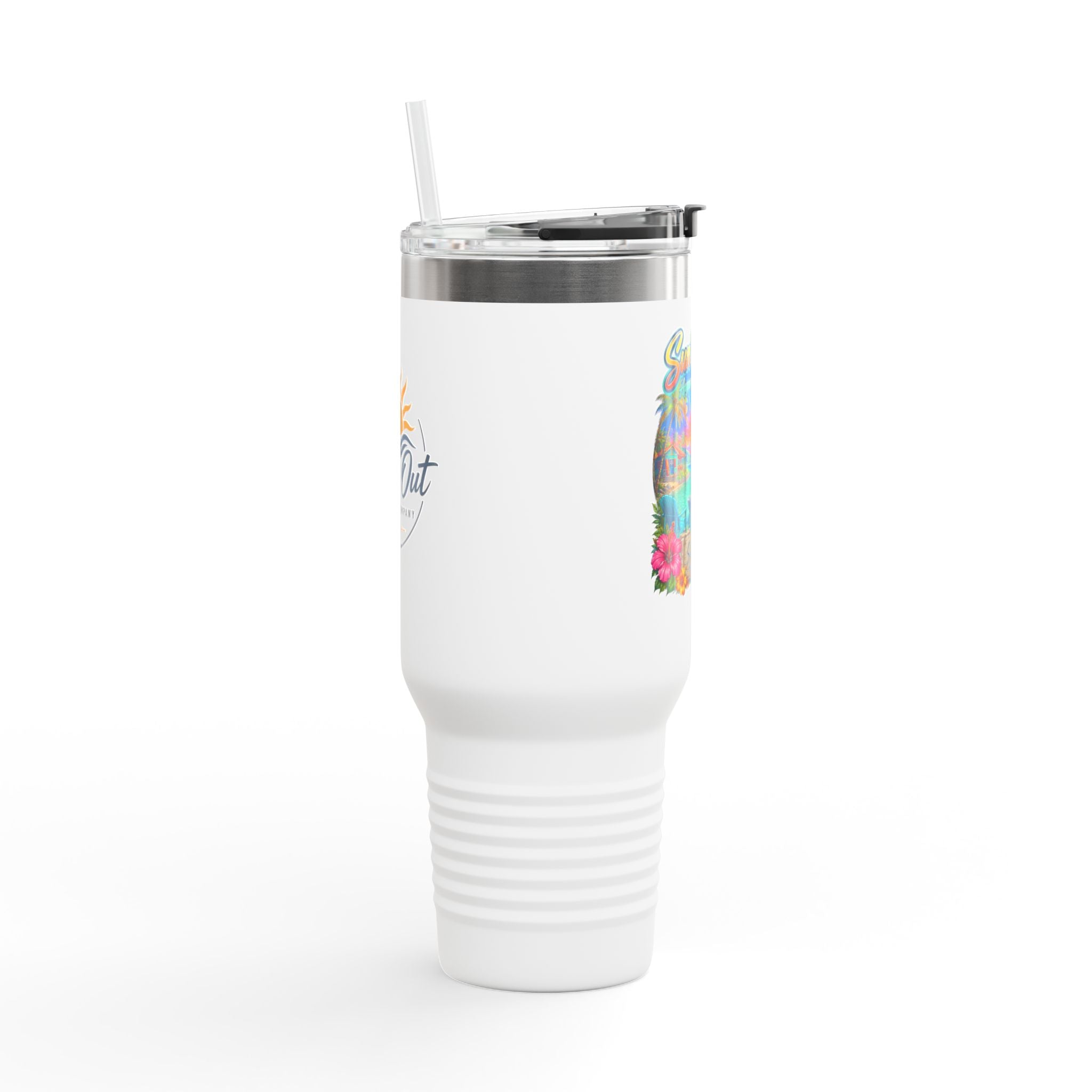 40oz Insulated Travel Mug — 'Sun's Out' Tropical Beach Sunset Design