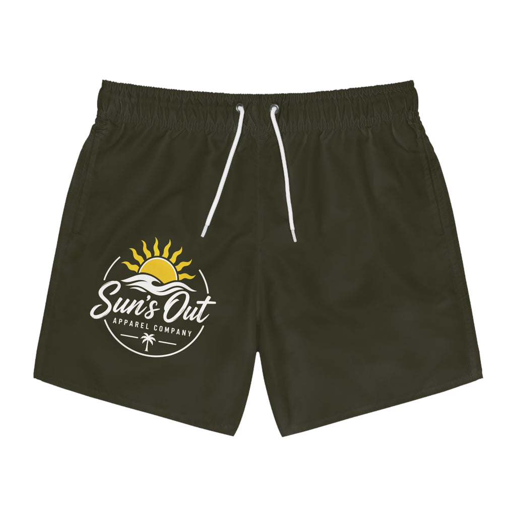Swim Trunks — "Sun's Out" Tropical Beach Logo Quick-Dry Board Shorts