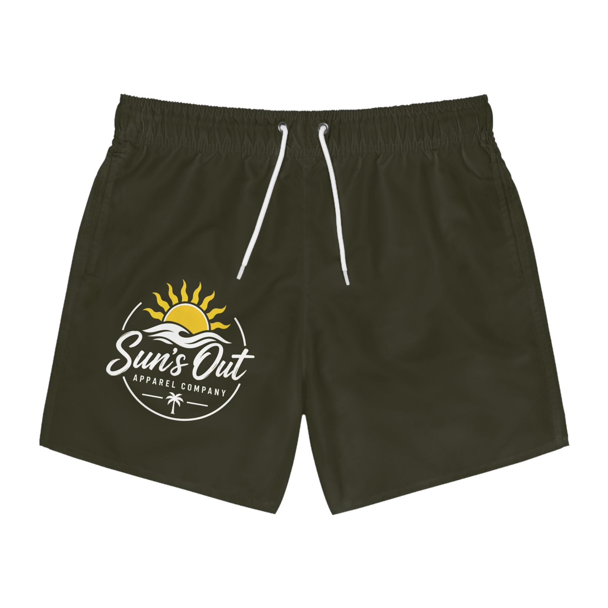 Swim Trunks — "Sun's Out" Tropical Beach Logo Quick-Dry Board Shorts