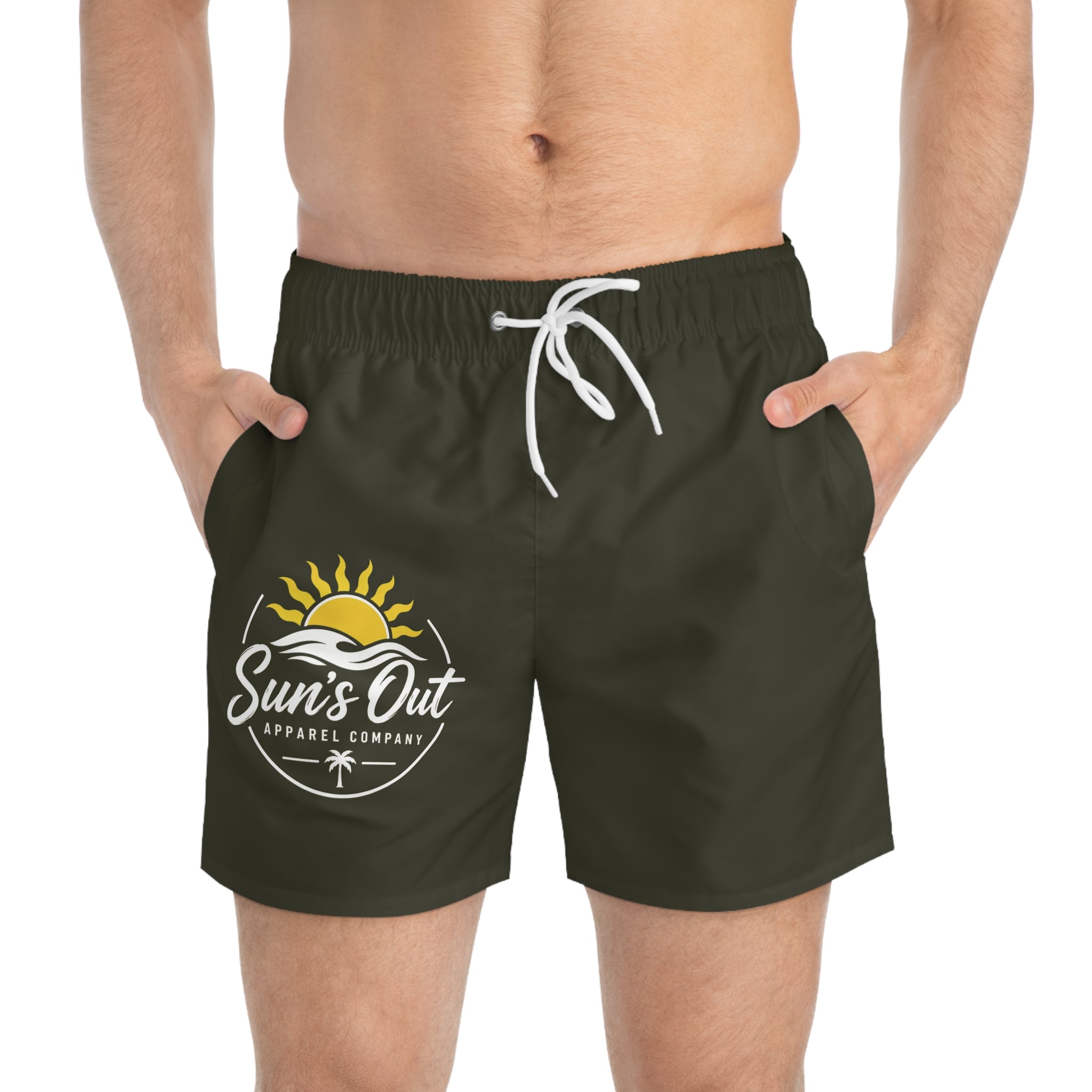 Swim Trunks — "Sun's Out" Tropical Beach Logo Quick-Dry Board Shorts