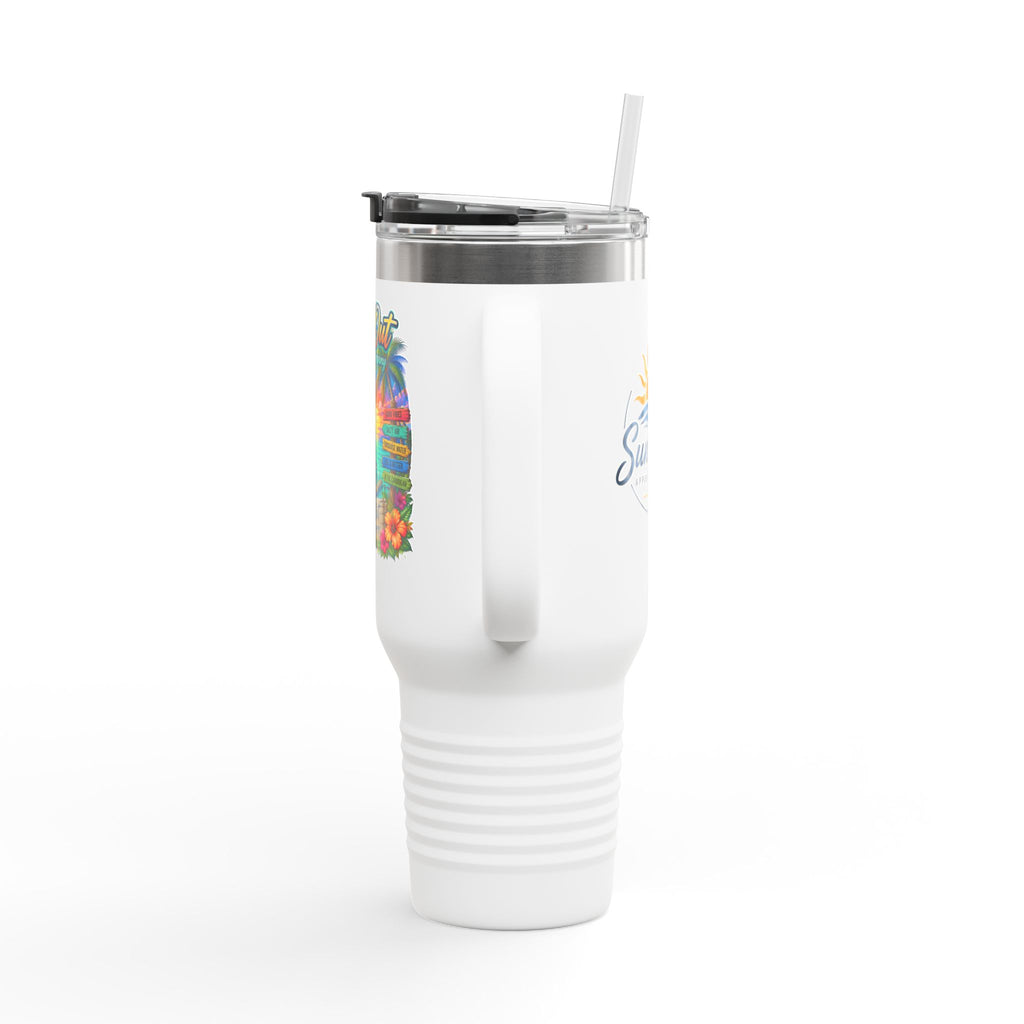 40oz Insulated Travel Mug — 'Sun's Out' Tropical Beach Sunset Design