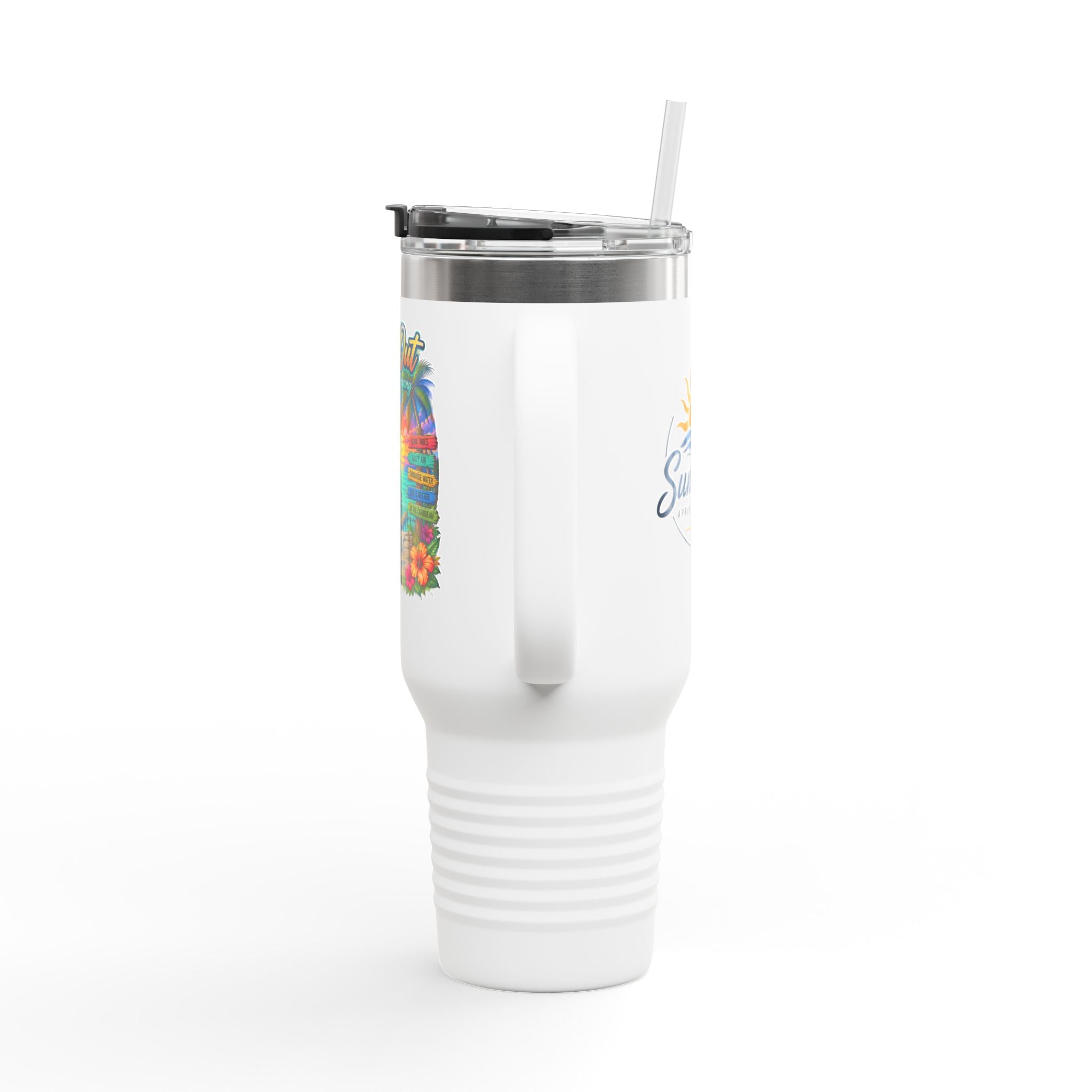 40oz Insulated Travel Mug — 'Sun's Out' Tropical Beach Sunset Design